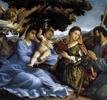Лотто Мадонна с младенцем, ангелом и святыми